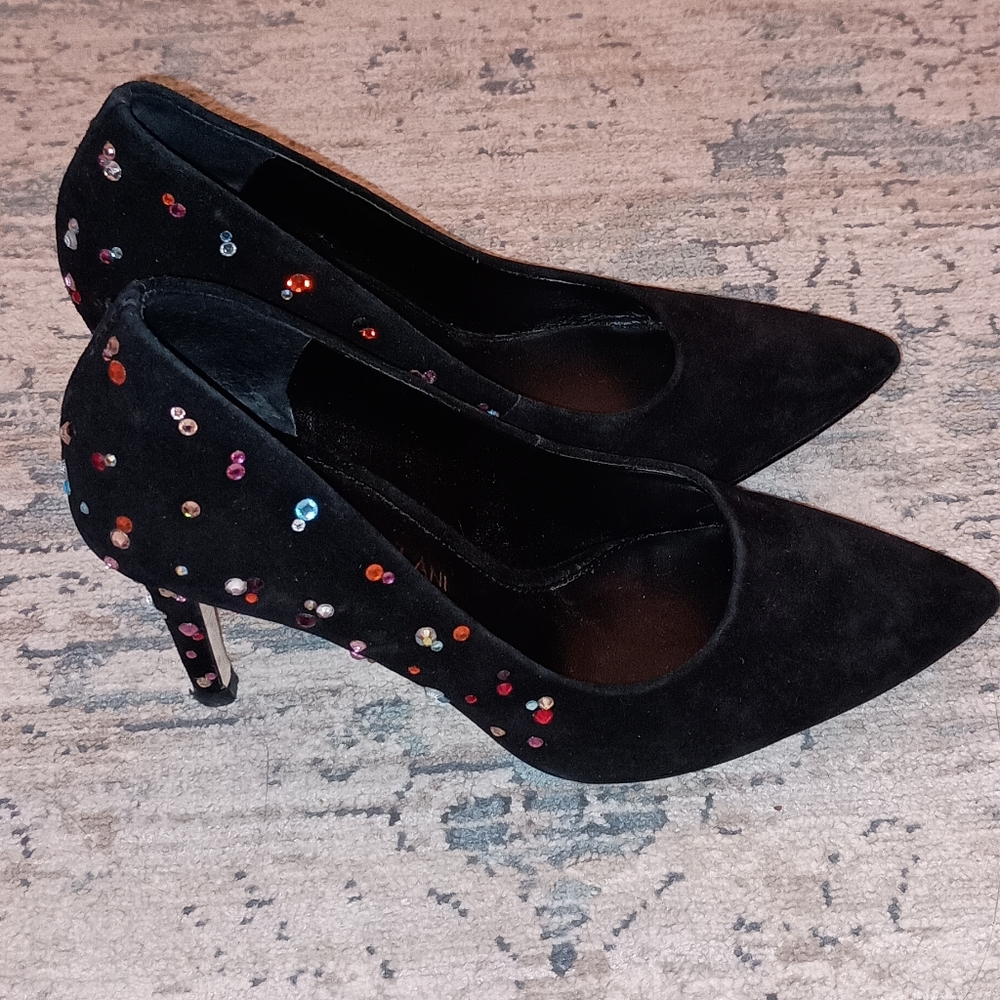 Antonio Melani  Black suede Stud Colorful Rhinestone Heels 5.5